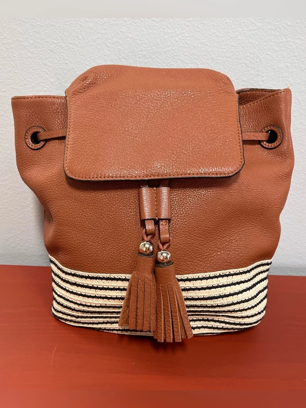 Rebecca Minkoff Cognac Brown Leather Raffia Backpack Purse Convertible Strap